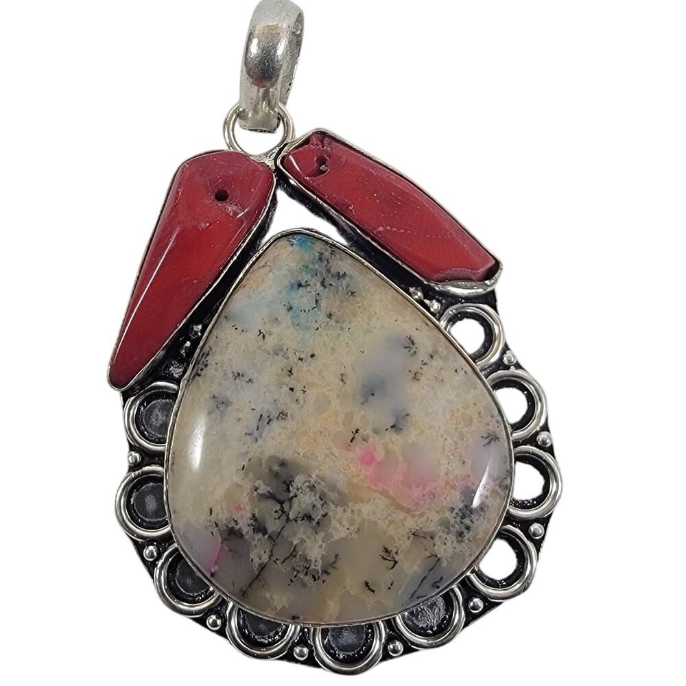 Handmade Silver Pendant – Dendritic Opal & Red Jasper + 20" Silver Snake Chain